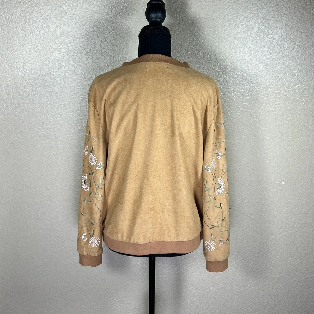 Embroidered Suede Look Jacket Tan Floral Western Boho Moto Style Large - Picture 4 of 6